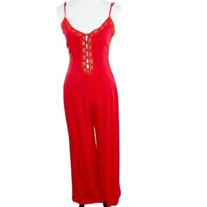 Avec Red 1 piece Sleeveless JumpSuit Pantsuit Crochet Insert Trim Small NWOT